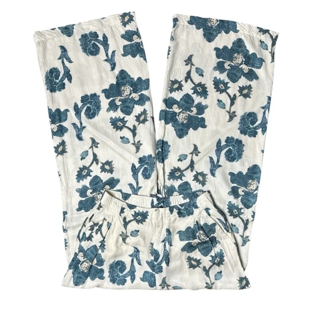 ANTHROPOLOGIE BLOCK PRINT GREEN AND WHITE SILKY TROUSERS SIZE MEDIUM TALL - Picture 3 of 12